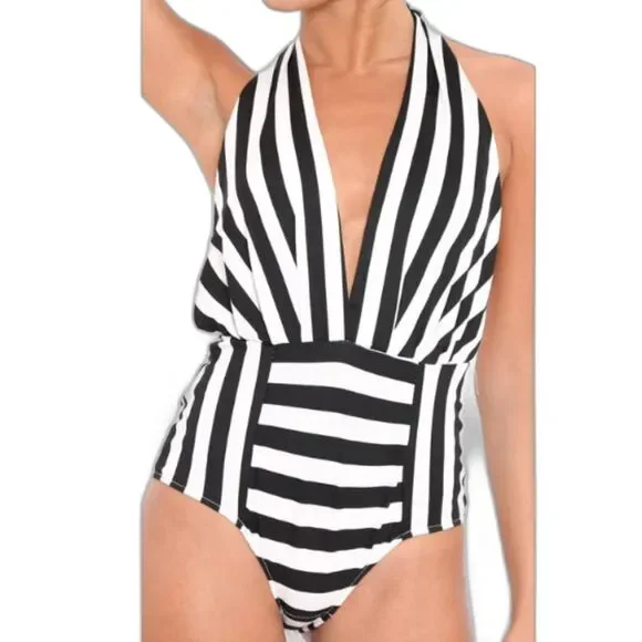 Pretty Little Thing Black & White Striped One Piece Sexy Bikini Swimsuit Size 10 - Picture 1 of 10